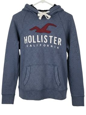 Hollister Navy Blue Pullover Hoodie with Red Logo